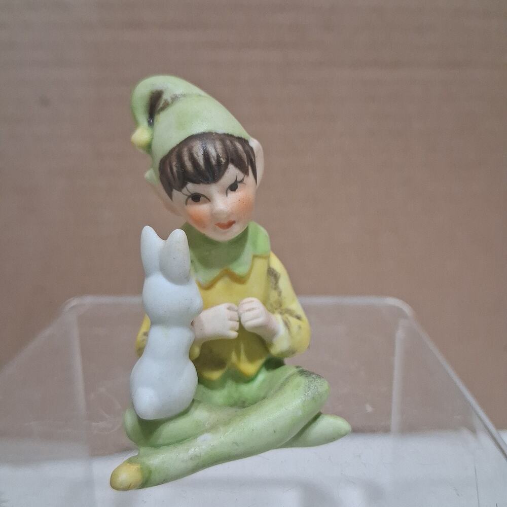 Vintage Rare Josef Originals Pixie Figurine w/Bunny Rabbit Elf Fairy Garden